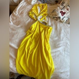 Meshki yellow strapless and backless cut out midi dress size medium (M)